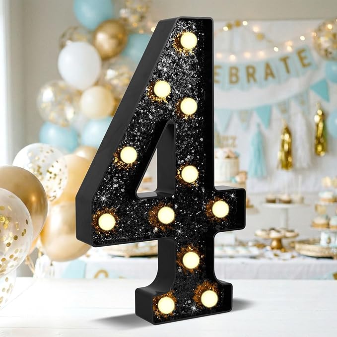 12.6 Inch LED Black Marquee Light Up Numbers, 4th Birthday Decorations Number Lights as Gifts for Girls Boys, Glitter Lighted Marquee Numbers for Black Anniversary Party Table Decor, 4