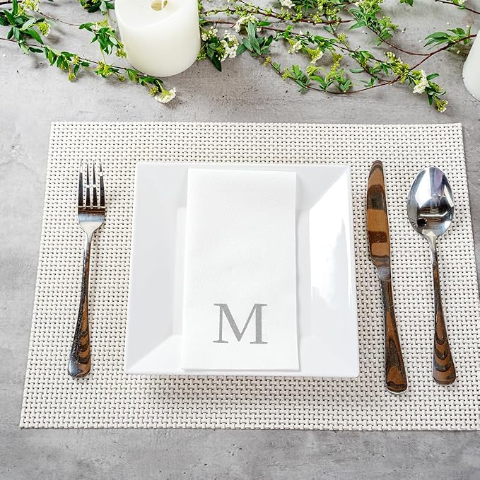 Luxenap 15.8 X 7.9 Inch Linen-Feel Guest Towels, 50 Lettered Hand Towels - Silver Letter 'M', Sans Serif Font, White Paper Dinner Napkins, airlaid, For Restrooms And Tables - Restaurantware