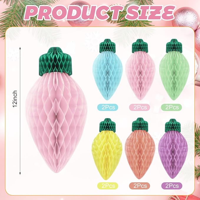 12 Pcs 12" Jumbo Pastel Christmas Light Honeycomb Hanging Decorations 3D Large Light Bulb Shaped Xmas Assorted Colors Honeycomb Ornament for Christmas Classroom Decor