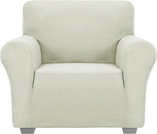 JIVINER Super Stretch Chair Sofa Slipcovers 1-Piece Jacquard Chair Covers for Living Room Soft Anti Slip 1 Seater Couch Furniture Protector Small Checks for Kids Pets (Chair, Natural)
