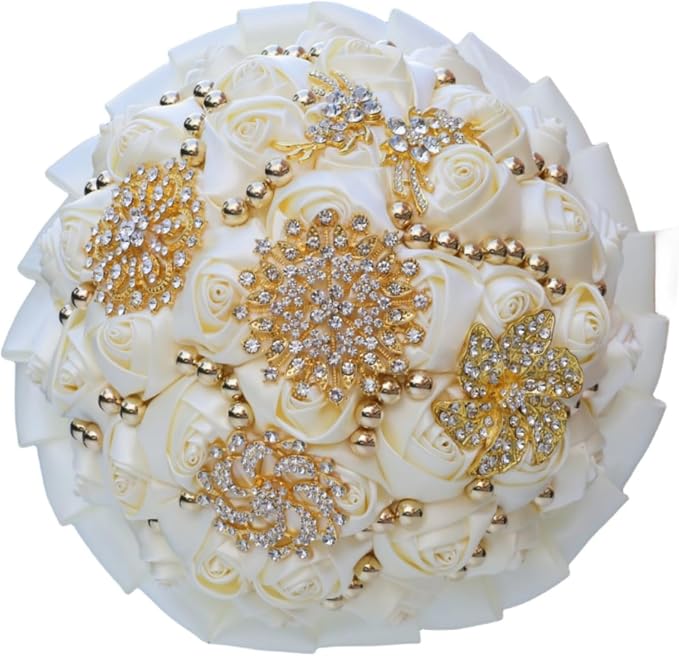 Ivory Wedding Bridal Bouquet with Gold Brooch Bling Rhinestone Pearl Satin Rose Flower Bouquet for Bride Bridesmaid Quinceanera Wedding Ivory 7.1in