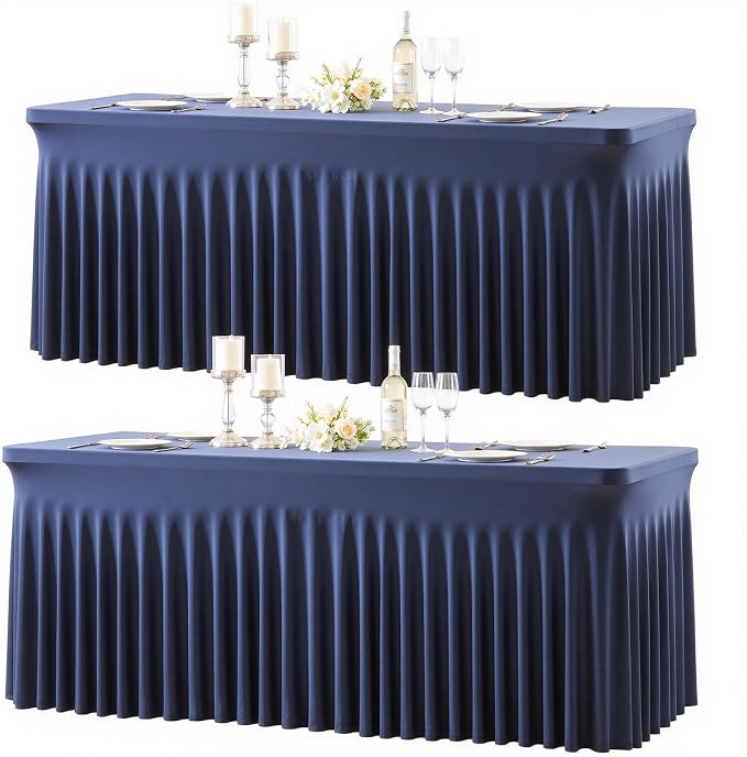 2 Pack Navy Blue Table Cloth for 6 Foot Rectangle Tables Spandex Fitted Tablecloth 6ft Stretch Table Covers Skirt Navy Blue Banquet Tablecloths Wrinkle Free Tablecloth for Party Wedding Birthday Event