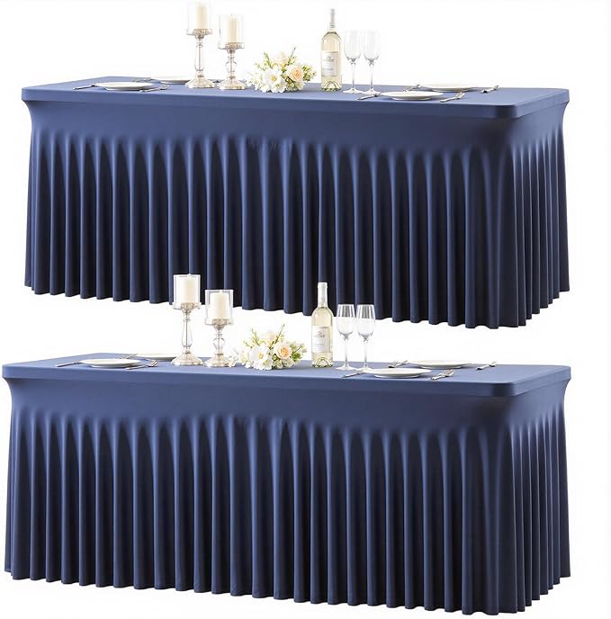 2 Pack Navy Blue Table Cloth for 8 Foot Rectangle Tables Spandex Fitted Tablecloth 8ft Stretch Table Covers Skirt Navy Blue Banquet Tablecloths Wrinkle Free Tablecloth for Party Wedding Birthday Event
