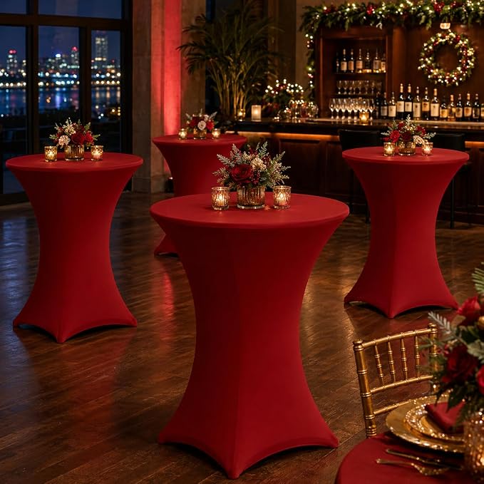 Cocktail Table Covers - 2 Pack 32x43 Inch Table Cloth - Red Fitted Stretch Spandex Round High Top Tablecloth for Party, Bar, Birthday, Pub, Banquet