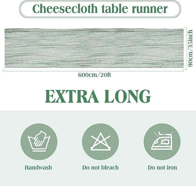 LemonRoad 4 Pcs 20ft Cheesecloth Table Runners Extra Long Boho Rustic Gauze Fabric Cheese Cloth Runner for Wedding Decorations Baby Shower Party Supplies Boho Table Bridal Shower Decor (Sage Green)