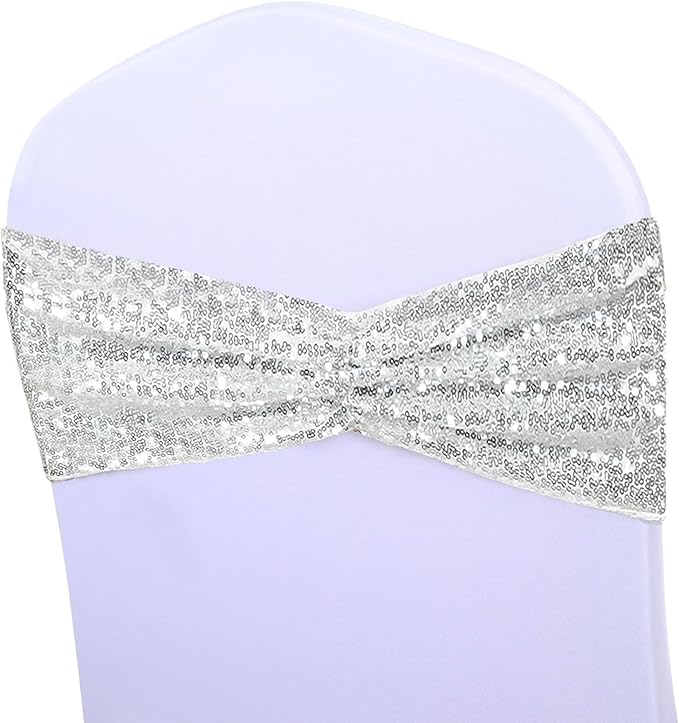 SquarPie Pack of 10 Chair Sashes Bands Silver Stretch Spandex One-Sided Sequin Bows for Wedding Party Fiesta Decor