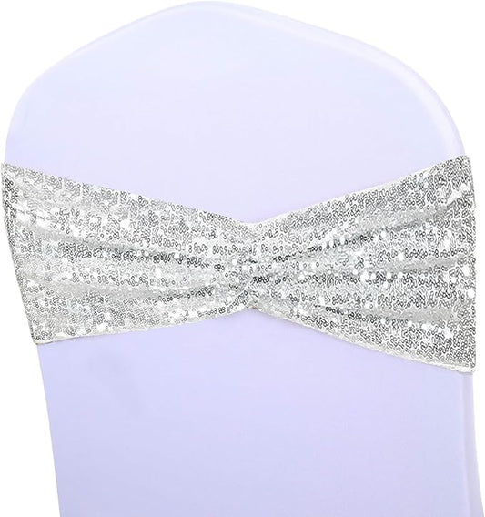 SquarPie Pack of 10 Chair Sashes Bands Silver Stretch Spandex One-Sided Sequin Bows for Wedding Party Fiesta Decor
