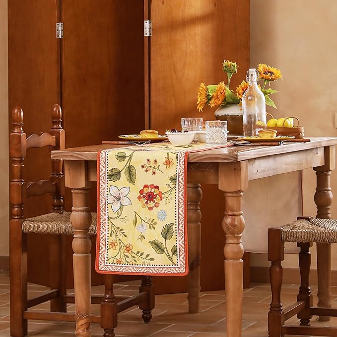 bilin gaier Linen Floral Yellow and Orange Table Runner 71 Inches Long,Wrinkle-Resistant Rustic Farmhouse Decor,Decor Luxury Vintage Runner Table Cloth for Coffee & Dining Table,12"x71"-Bellano