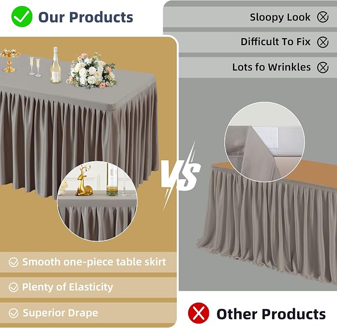 PARTISKY 6 Pack Natural Tablecloths for Rectangle Tables 6ft, Wrinkle Resistant Spandex Table Cover Fitted Stretch Table Cloth with Pleated Ruffle Skirts for Party Banquet Dining Birthday Wedding