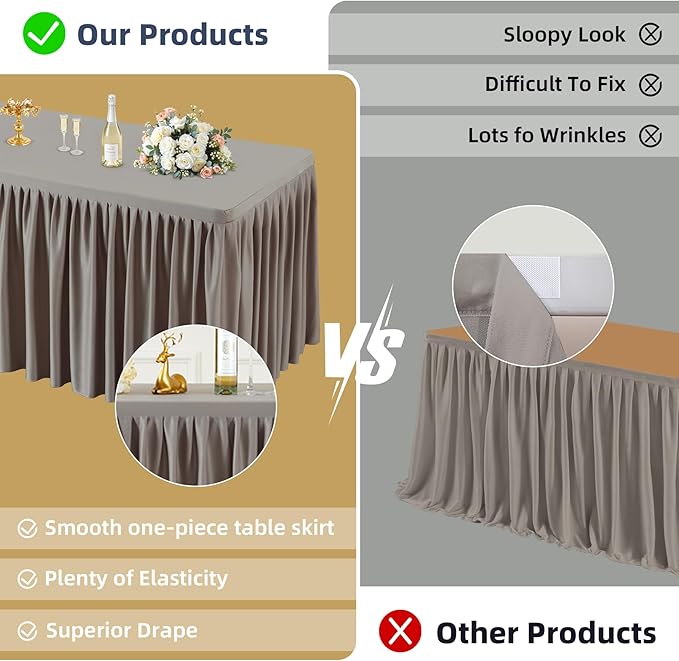 PARTISKY 1 Pack Natural Tablecloths for Rectangle Tables 6ft, Wrinkle Resistant Spandex Table Cover Fitted Stretch Table Cloth with Pleated Ruffle Skirts for Party Banquet Dining Birthday Wedding