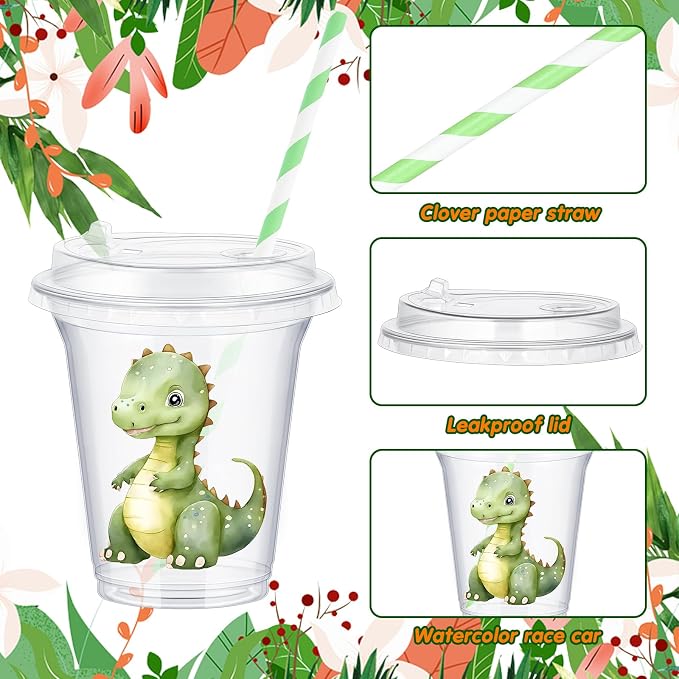 Qinyoung 60 Pcs Dinosaur Baby Shower Decorations Safari Animals Cups with Lids and Paper Straws 14 oz Dino Rebirth Party Cups for Dinosaur 4th Baby Shower Birthday Party Favor