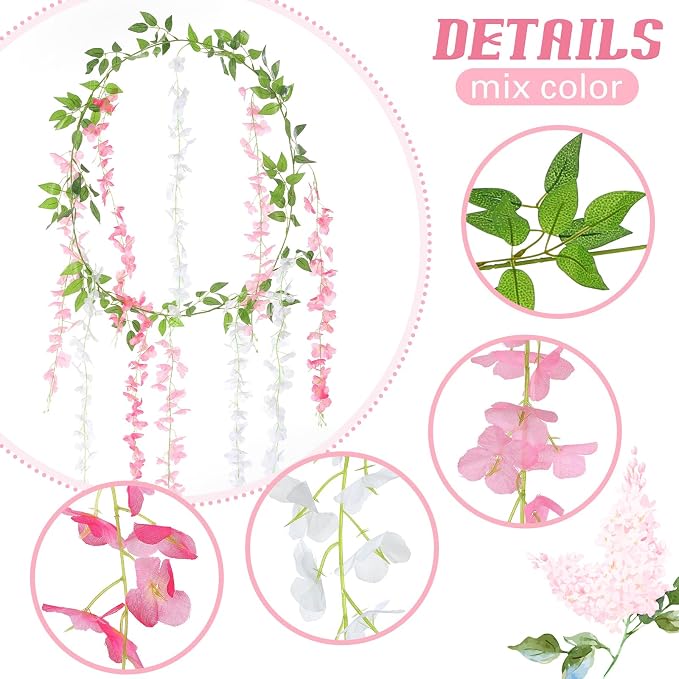 Thiccywoov 8pcs Wisteria Artificial Flowers Garland, 7.2Ft/Piece Wisteria Hanging Flowers Garland for Wedding Arch Decoration Outdoor Ceremony Home Backdrop Garden (Pink,Dark Pink,White)