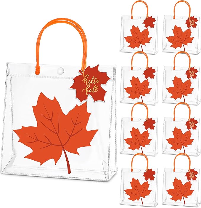 Hosuly 24 Pcs Thanksgiving PVC Gift Bags with Handles Button Reusable Clear Fall Maple Leaf Candy Treat Goodie Bags for Autumn Harvest Halloween Birthday Baby Shower Party Favors Supplies