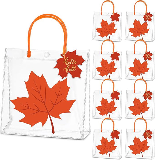 Hosuly 24 Pcs Thanksgiving PVC Gift Bags with Handles Button Reusable Clear Fall Maple Leaf Candy Treat Goodie Bags for Autumn Harvest Halloween Birthday Baby Shower Party Favors Supplies