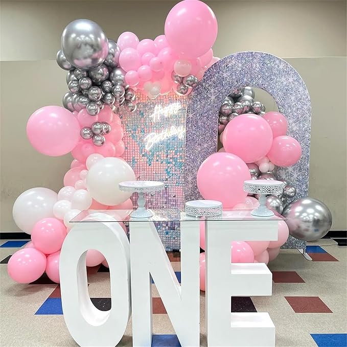Pink and Silver Balloon Arch Kit, Pastel Pink and White Metallic Silver Different Size Latex Balloon Garland for Girls Women Birthday Baby Bridal Shower Wedding Princess Theme Party Decorations