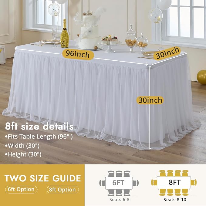 6-Pack White Tulle Tablecloth for 8 Ft Rectangle Tables – Elastic Spandex Table Cover with Tutu Skirt, Wrinkle Free for Wedding, Birthday Party, Banquet Buffet, Craft fairs