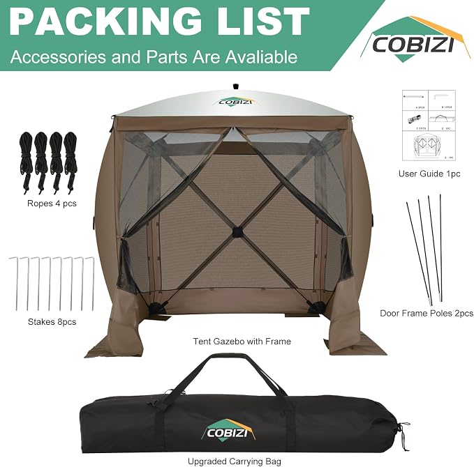 COBIZI 6x6 FT Pop up Gazebo, Popup Canopy Tent, Screened in Gazebos with sidewalls, Waterproof Portable Outdoor Small Screen Tents Sun Shelter,carpas para Patio for Camping, Garden and Backyard,Brown
