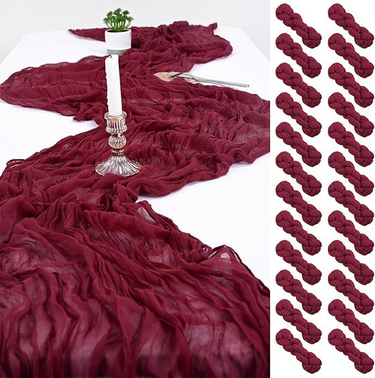 24 Pack Burgundy Cheesecloth Table Runners,10FT Boho Gauze Table Runner,35x120inch Rustic Table Runner for Wedding Party Bridal Shower Thanksgiving Christmas Boho Table Decoration
