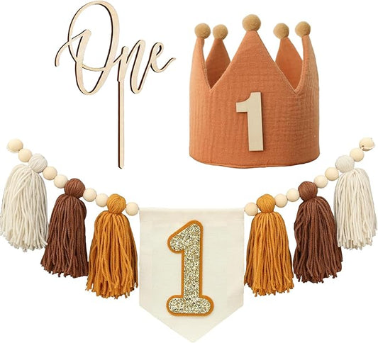 Baby Boy First Birthday Party Decorations Brown High Chair Banner 1st Crown Cake Topper 1st Birthday Decor