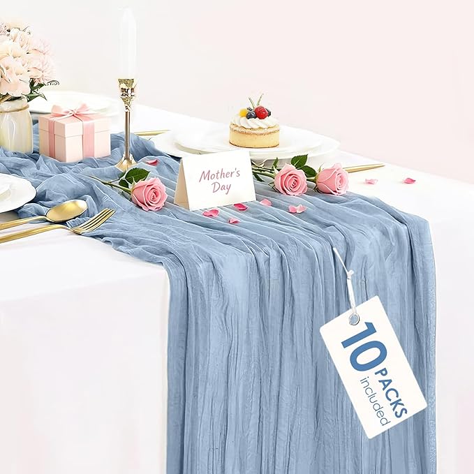 10 Pack Dusty Blue Cheesecloth Table Runner 35x120 Inch, Easter Spring Boho Rustic Semi-Sheer Gauze Cheese Cloth Table Runner for Wedding Bridal Baby Shower Birthday Party Decor