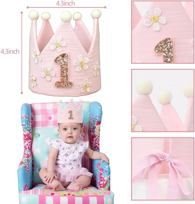 Daisy 1st Highchair Wood Bead Tassel Garland Crown Hat Wooden Cake Topper Birthday Decorations