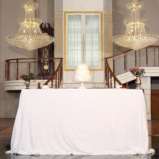 PartyDelight White Sequin Tablecloth Square Sparkly Table Cloth Overlay 90"x 90"