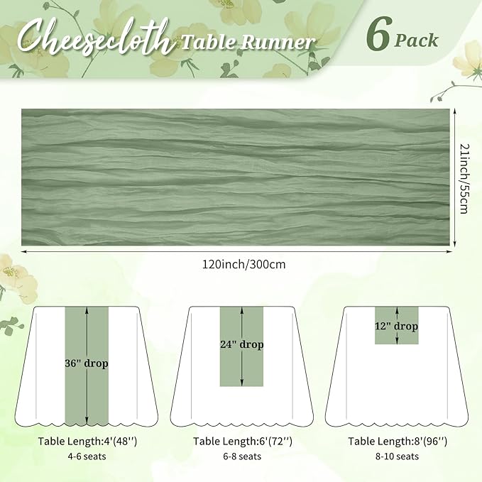 6 Pack Cheesecloth Table Runner Sage Green 10Ft Rustic Boho Gauze Table Runner Romantic Long Sheer Fabric Cheesecloth Table Runner for Wedding Festival Birthday Anniversary Dinner Outdoor Events