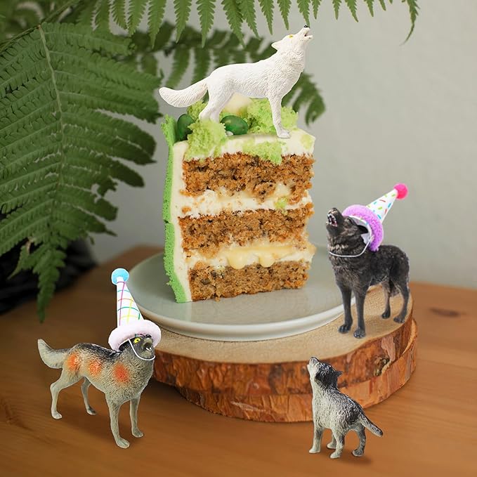 Colingmill 18 Pcs Wolf Miniature Birthday Hats & Figures Cake Toppers with Mini Hat for Birthday Party, Animal Themed Party