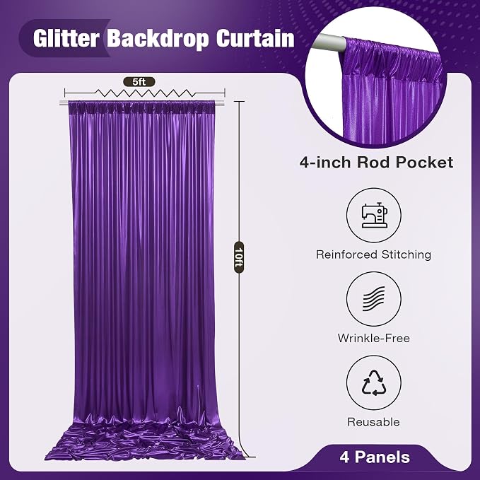20x10FT Purple Sequin Backdrop Curtain for Party - 4 Panels 5x10FT Wrinkle-Free Shimmer Drapes for Birthday, Wedding, Christmas, Decorations & Photography