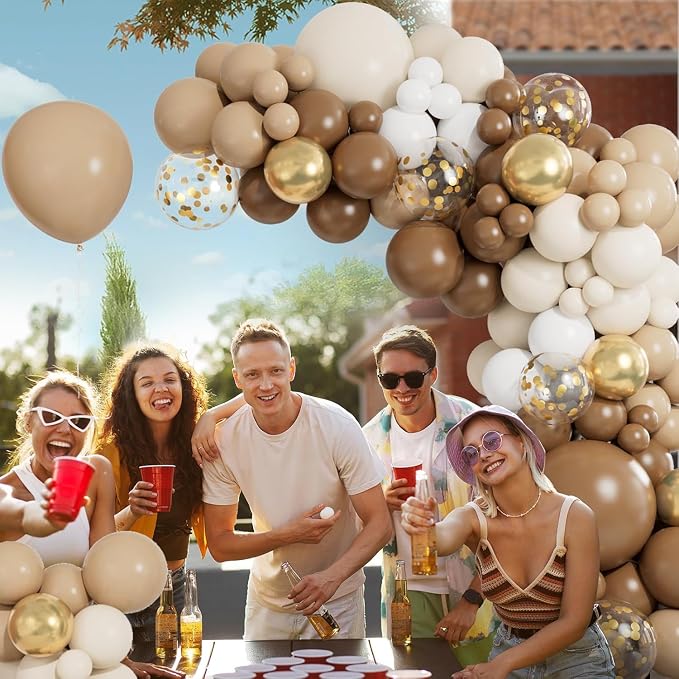 CboDeco Brown Balloon Garland Arch Kit 141PCS Brown Boho Neutral White Gold Latex Metallic Confetti Balloons for Safari Neutral Bear Baby Shower Birthday Party Decorations