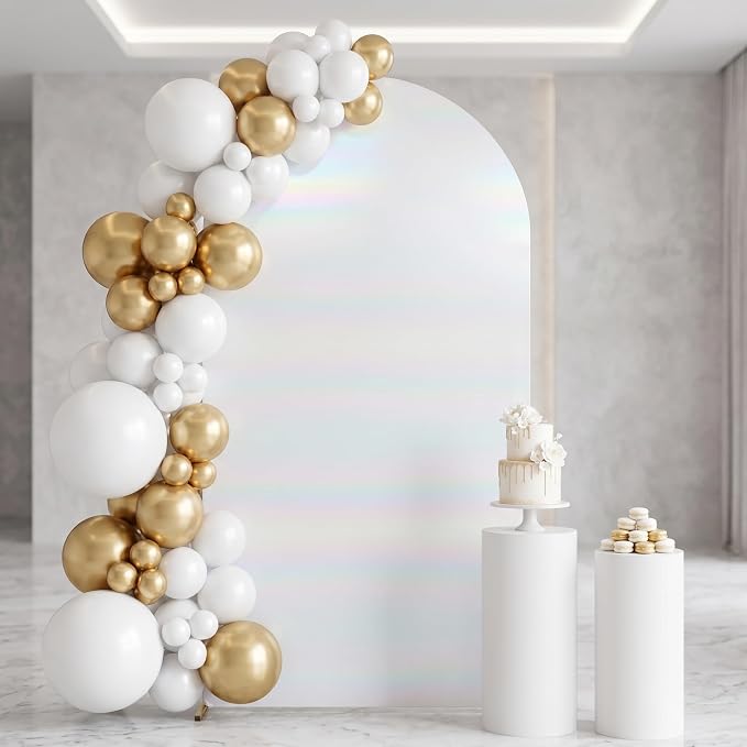 Iridescent White Arch Backdrop Cover 7.2FT with Zipper,Thick Soft Stretchy Sequin Shimmer Spandex Fitted Chiara Cover for Wedding Birthday Baby Shower Graduation Party Photo Backdrop