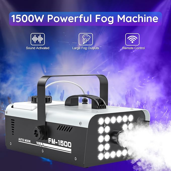 Fog Machine Halloween Outdoor Indoor, 1500W Smoke Machine Fog with 24 LEDs Strobe Lights and Remote for DJ Party Disco Stage Wedding