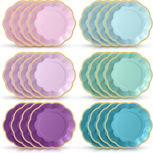 48 Pcs Mermaid Paper Plates 9 Inch Pink Blue Purple Scalloped Paper Disposable Dinner Dessert Plates for Birthday Wedding Bridal Party Supplies, 6 Colors
