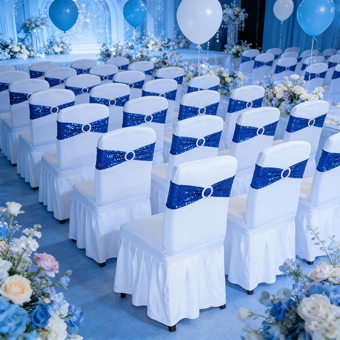 SquarePie Pack of 10 Sequin Chair Sashes Bands Glitter Navy Blue Double-Sided Sequins Stretch Chair Cover Bows with Buckle Slider for Wedding Party Fiesta Banquet Decor