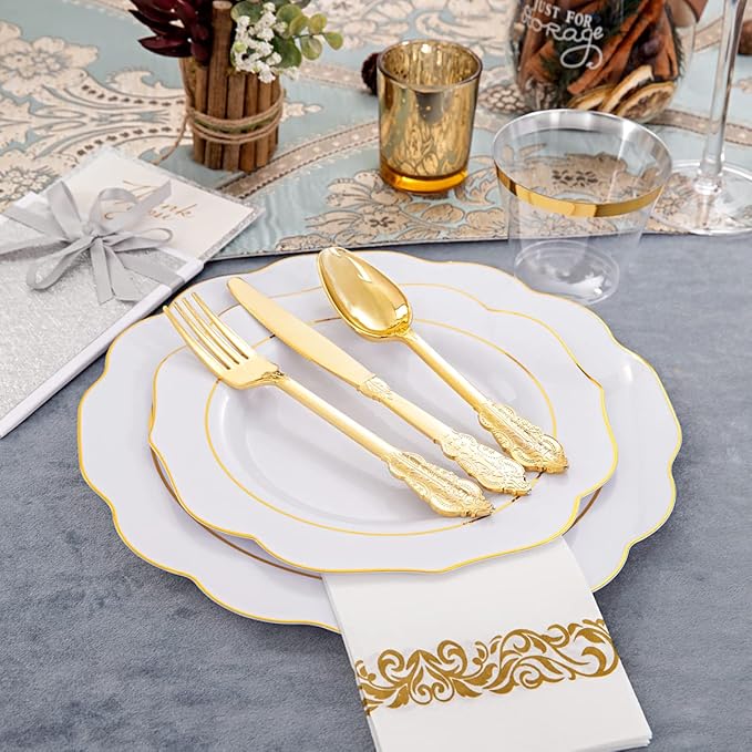 NOCCUR 175PCS Gold Plastic Plates with Disposable Silverware - White Gold Plastic Tableware Include 25 Dinner /25 Dessert Plates, 75 Cutlery, 25 Cups, 25 Napkins - Ideal for Party/Wedding