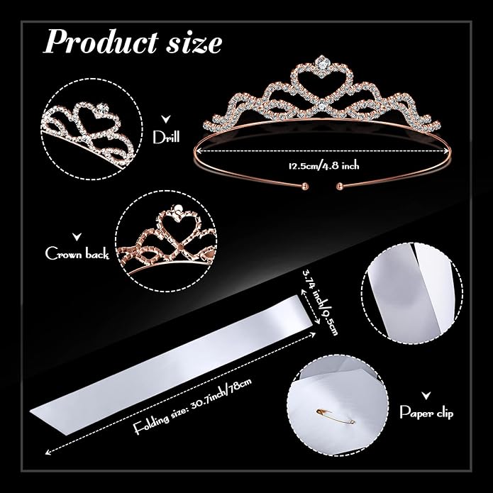 12 Set Crown and Sashes Set Blank Satin Sashes for Pageants Rhinestone Prom Queen Tiara Crown White Blank DIY for Birthday Holiday Wedding Bridal Shower Prom Party Supplies