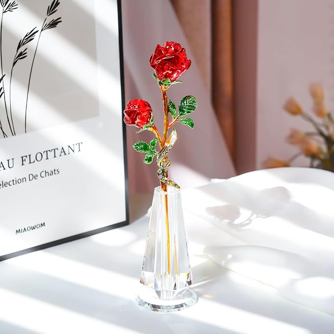 Arikyrist Red Rose Flower Crystal Figurine with Vase, Handmade Bouquet Glass Flowers Ornament Rose Gifts for Wife Girlfriend Women, Crystal Flower Home Table Decor for Valentine Anniversary