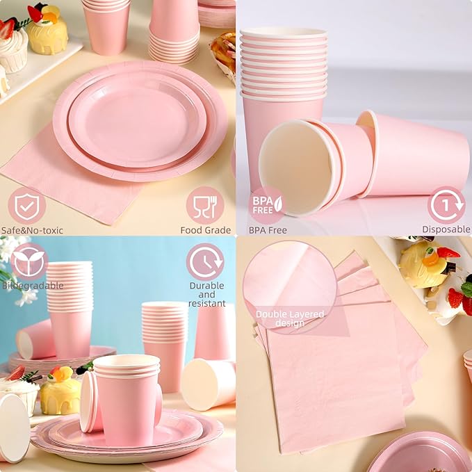 200 Pcs Baby Pink Plates and Napkins Party Supplies, Girl Baby Shower Plates and Cups and Napkins Sets Serves 50, Light Pink Party Decorations, Bow Birthday Decorations