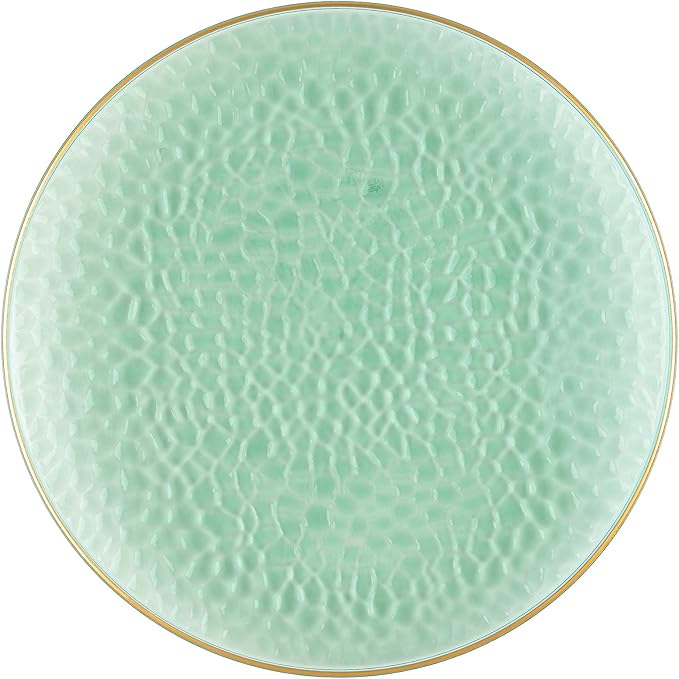 PLASTICPRO 30 Pack Hammered Plastic Plates Heavyweight Disposable Plastic Plates Elegant Clear Hammered Rim Platsic Party Dishes (Hamered Green With Gold Rim, 7'' INCH PLATES)