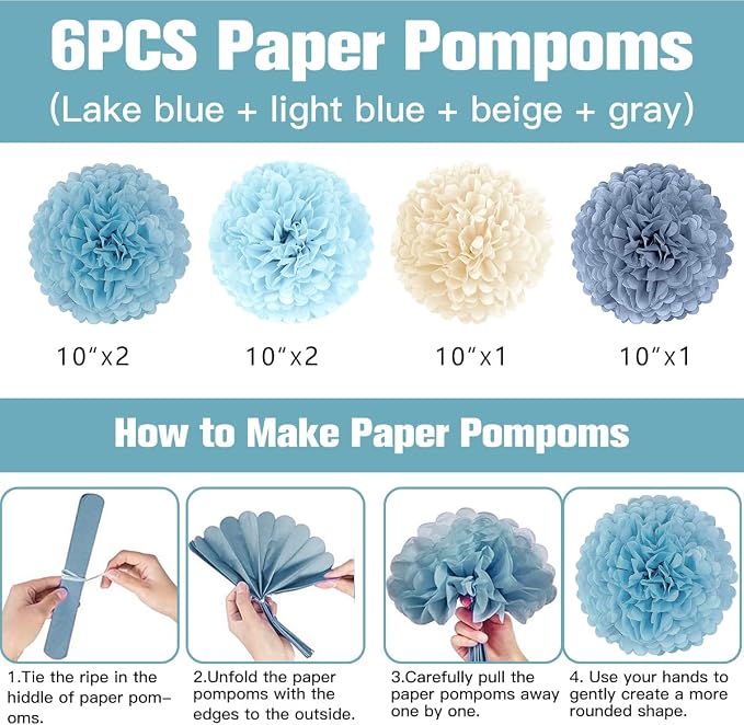 Blue Birthday Decorations Set, Blue Party Decoration Balloons with HAPPY BIRTHDAY Banner, Pom Poms, Fringe Curtain Background, Birthday Crown, Shoulder Strap for Boho Partys Girls Women Party Supplies