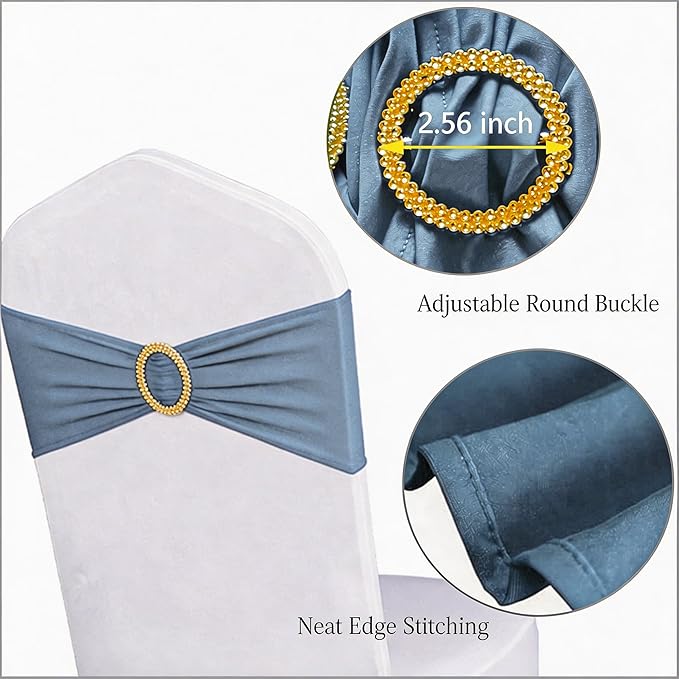 Pack of 50 Spandex Dusty Blue Chair Sashes with Gold Buckles, Stretch Chairs Bands Bows for Wedding Birthday Party Baby Shower Christmas Events Decorations (Dusty Blue Sashes, Gold Buckles)