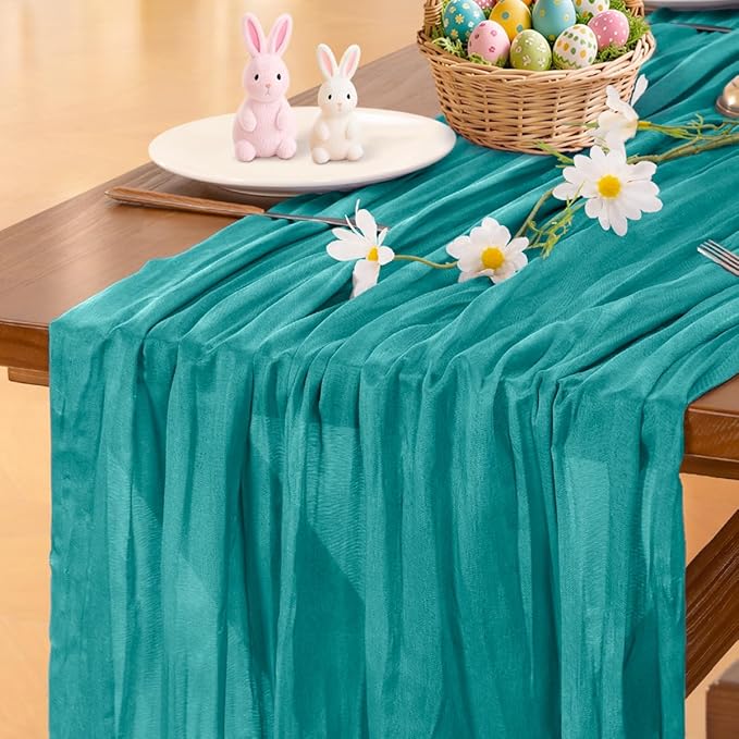 Socomi 2pcs Teal Blue Spring Cheesecloth Table Runner Boho Rustic Gauze 120 inch 10FT Cheese Cloth Runner for Wedding Party Baby Shower Birthday Home Decor