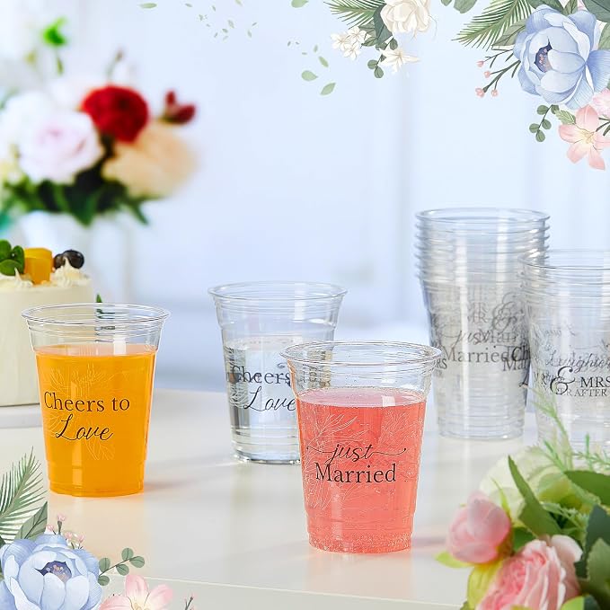 Jingmore 50 Pcs Wedding Plastic Cup 12 oz Wedding Disposable Cups for Reception Thick Clear Cup Happily Ever After Mr and Mrs Just Married Cups for Bridal Shower Decorations (White Floral)