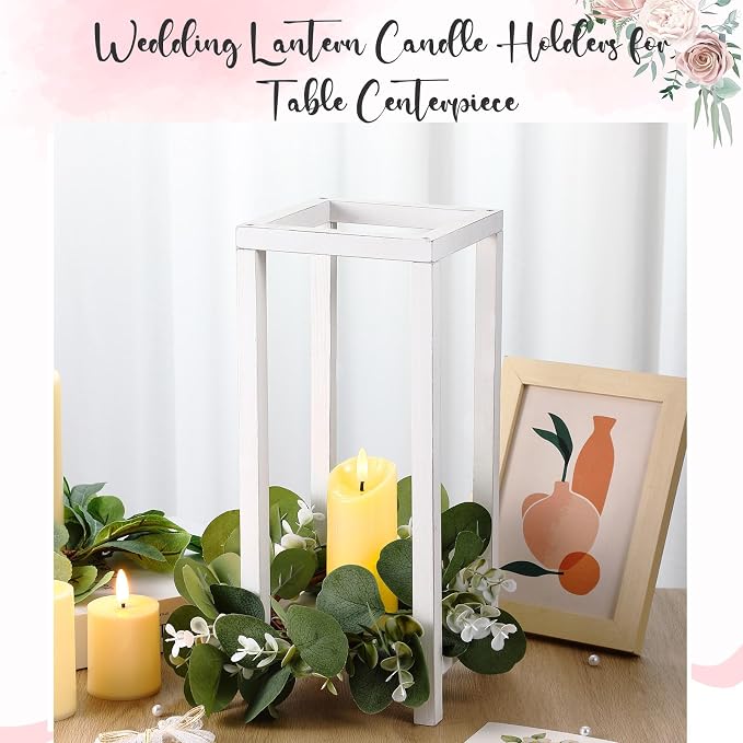 Geelin 10 Pcs Wooden Wedding Lantern Centerpiece Candle Lantern Table Wooden Candle Holder Decorative for Wedding Party Table Valentine Decor(13 in,White)