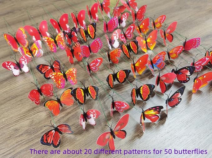 3D Butterfly Garden Stake Decor,10" PVC Butterfly Garden Decor for Outside,Shaking Head Artificial Butterflies for Cake Bouquet Wall Lawn Pathway Plant Pot Flower Bed Yard Decor (50, Red)