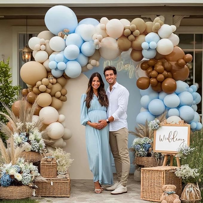 Brown And Blue Balloon Garland Double Stuffed Nude Tan Light Blue Beige Latex Balloon Arch Kit for Neutral Baby Shower Teddy Bear Gender Reveal Wedding Birthday Party Decorations