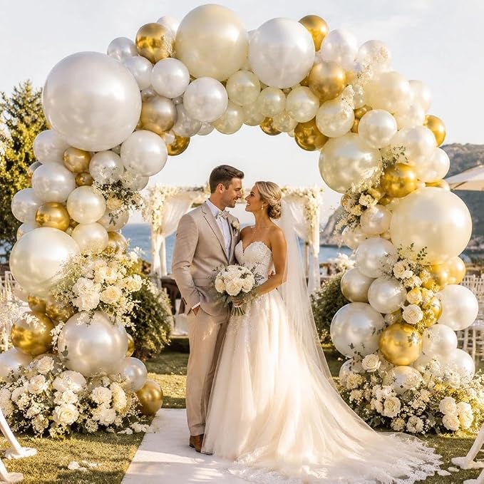 White and Gold Balloon Garland - Double Stuffed Pearl Sand White Gold Balloons Arch Kit 5 12 18 inch for Birthday Graduation Bar Mitzvah Bachelorette Wedding Baby Shower Party Decorations
