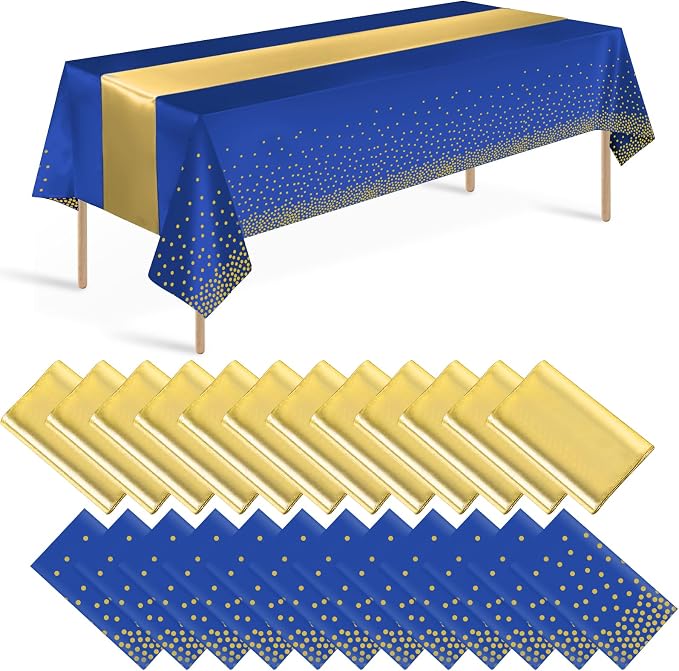 24 Pack Blue and Gold Tablecloth and Table Runner Party Decorations, Royal Blue and Gold Plastic Disposable Tablecloth and Satin Table Runner for Wedding Birthday Bridal Graduation Anniversary Party
