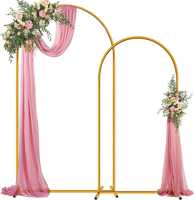 Hemmotop Gold Metal Arch Backdrop Stand Set of 2, 7.2ft and 6ft | Pieces are Labeled for Easy Assembly, Ground Stakes for Stable Base, Versatile for Wedding, Bridal Shower, Party Decoration