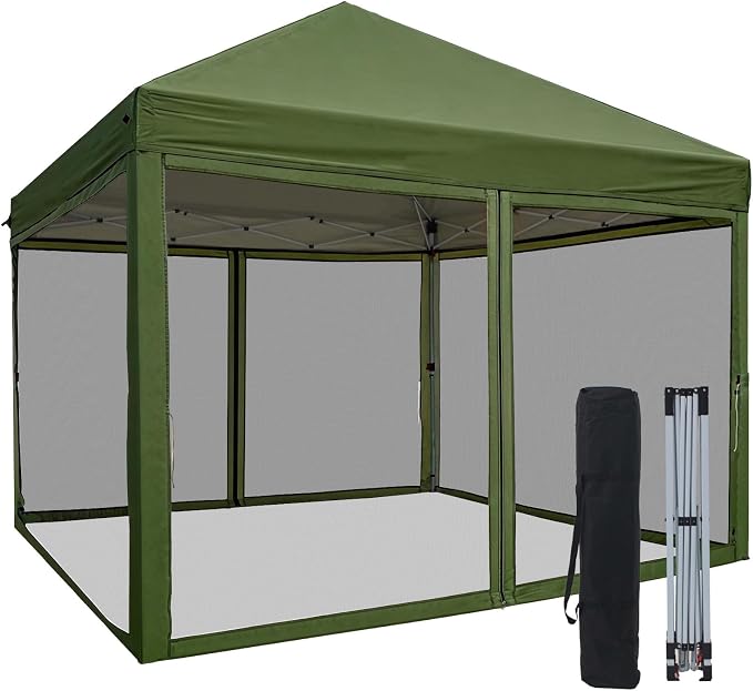10x10 Pop Up Canopy Tent with Mosquito Netting, Ez Up Portable Waterproof Instant Outdoor Screen Shelter, Pop Up Tent for Patio, Backyard, Parties, Camping and Events, Army Green